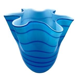 Blue Handkerchief Vase Hand Blown Art Glass Stripped 7" Tall  - MCM Style